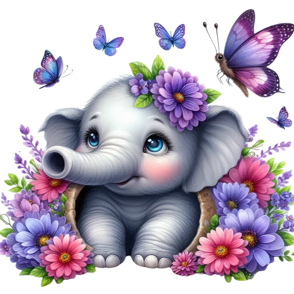 Diamond Painting - Full Round - Elephant and flowers (30*30CM)