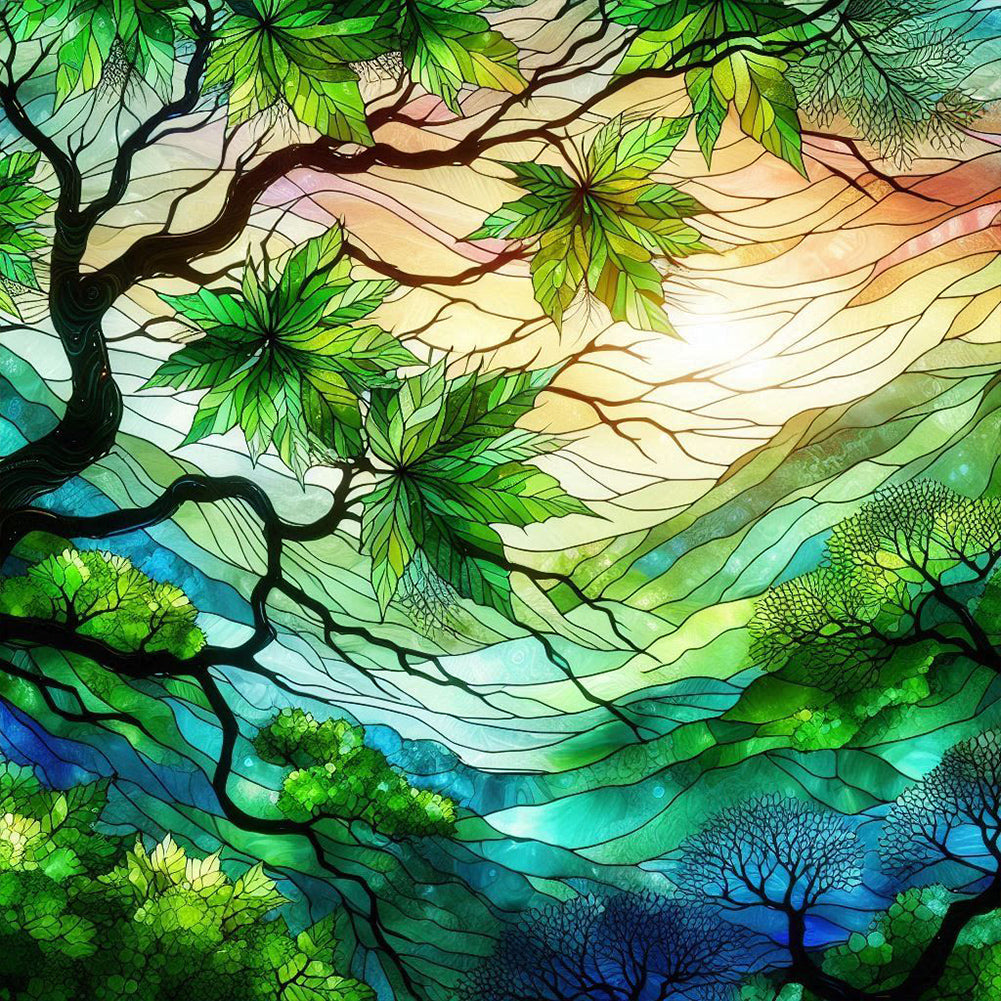 Diamond Painting - Full Round - Glass art green maple leaves (30*30CM)