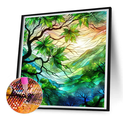 Diamond Painting - Full Round - Glass art green maple leaves (30*30CM)