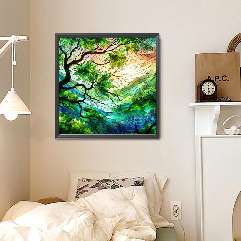 Diamond Painting - Full Round - Glass art green maple leaves (30*30CM)
