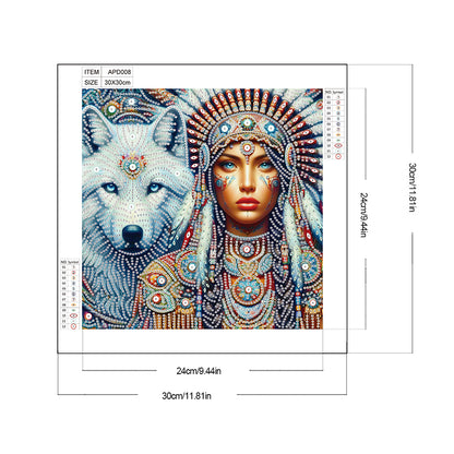 Diamond Painting - Partial Special Shaped - Indian Woman And White Wolf (30*30CM)