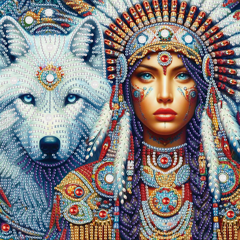 Diamond Painting - Partial Special Shaped - Indian Woman And White Wolf (30*30CM)