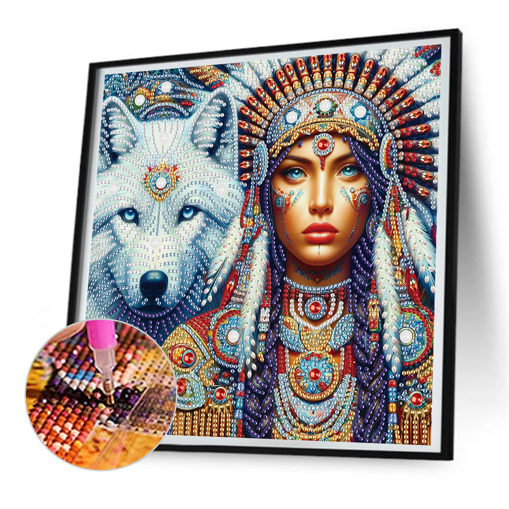 Diamond Painting - Partial Special Shaped - Indian Woman And White Wolf (30*30CM)