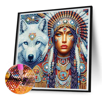 Diamond Painting - Partial Special Shaped - Indian Woman And White Wolf (30*30CM)