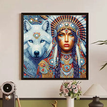 Load image into Gallery viewer, Diamond Painting - Partial Special Shaped - Indian Woman And White Wolf (30*30CM)
