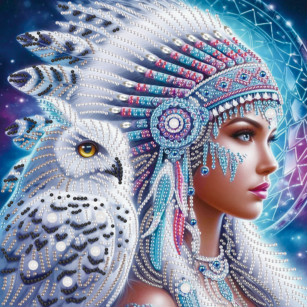 Diamond Painting - Partial Special Shaped - Indian Woman And White Owl (30*30CM)