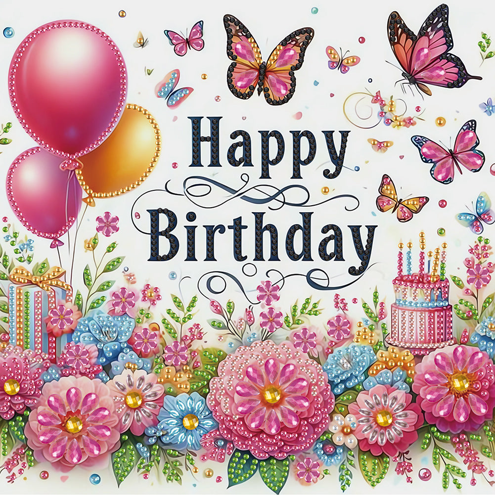 Diamond Painting - Partial Special Shaped - Happy birthday flowers and butterflies (30*30CM)