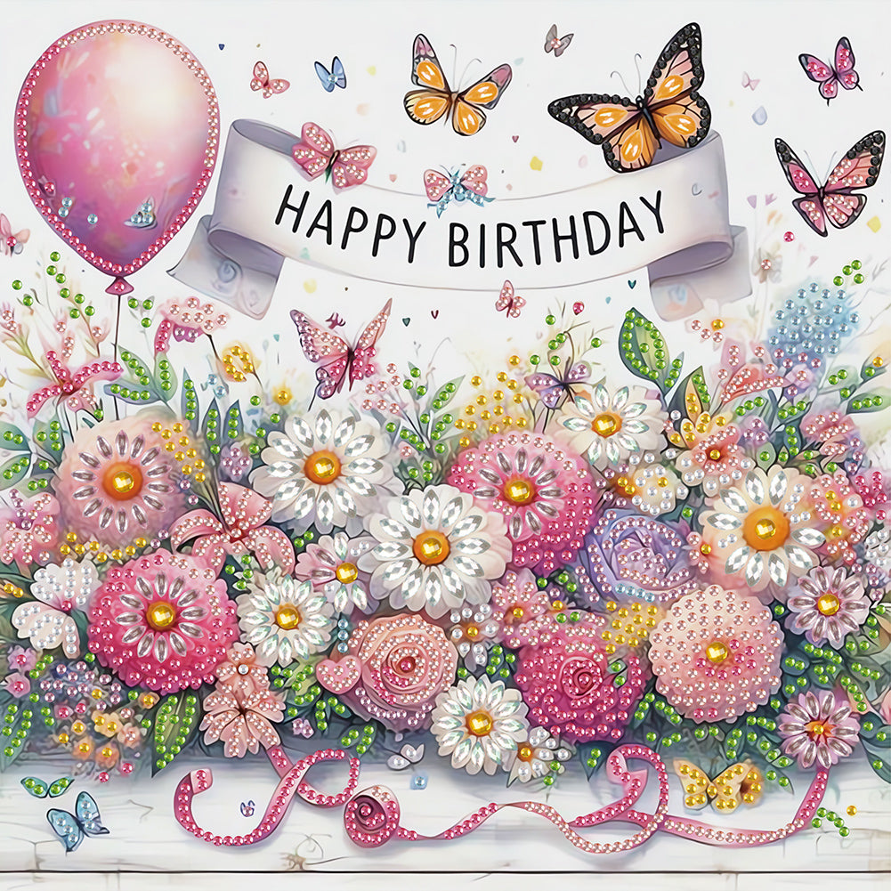 Diamond Painting - Partial Special Shaped - Happy birthday flowers and butterflies (30*30CM)