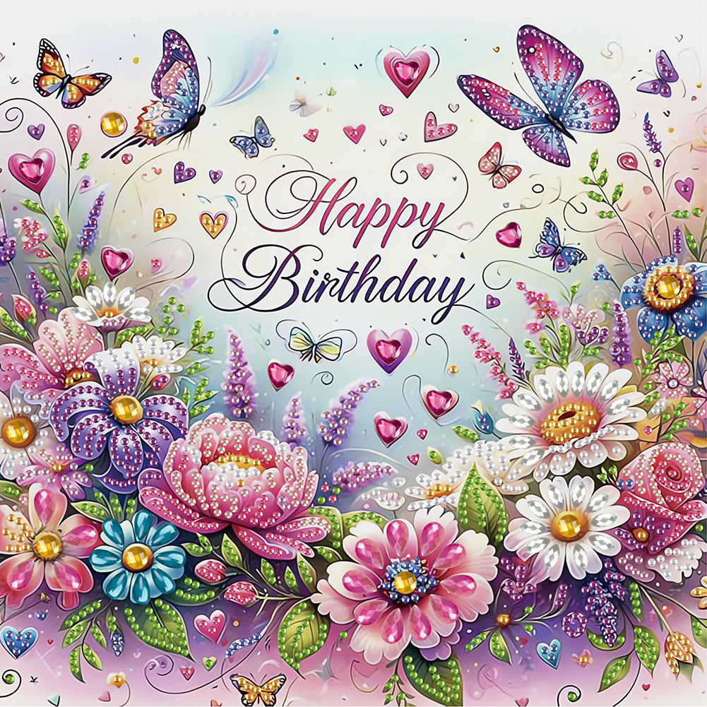 Diamond Painting - Partial Special Shaped - Happy birthday flowers and butterflies (30*30CM)