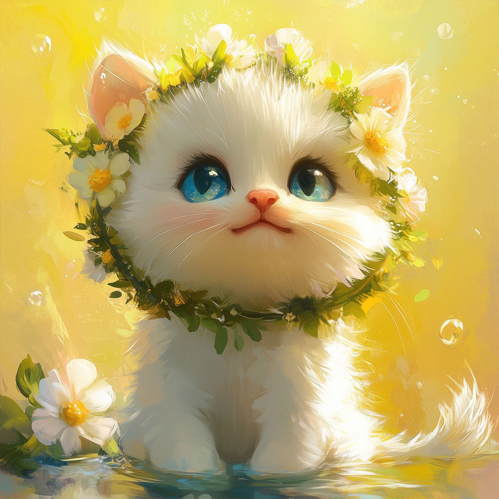 Diamond Painting - Full Round - White Cat With Wreath (40*40CM)