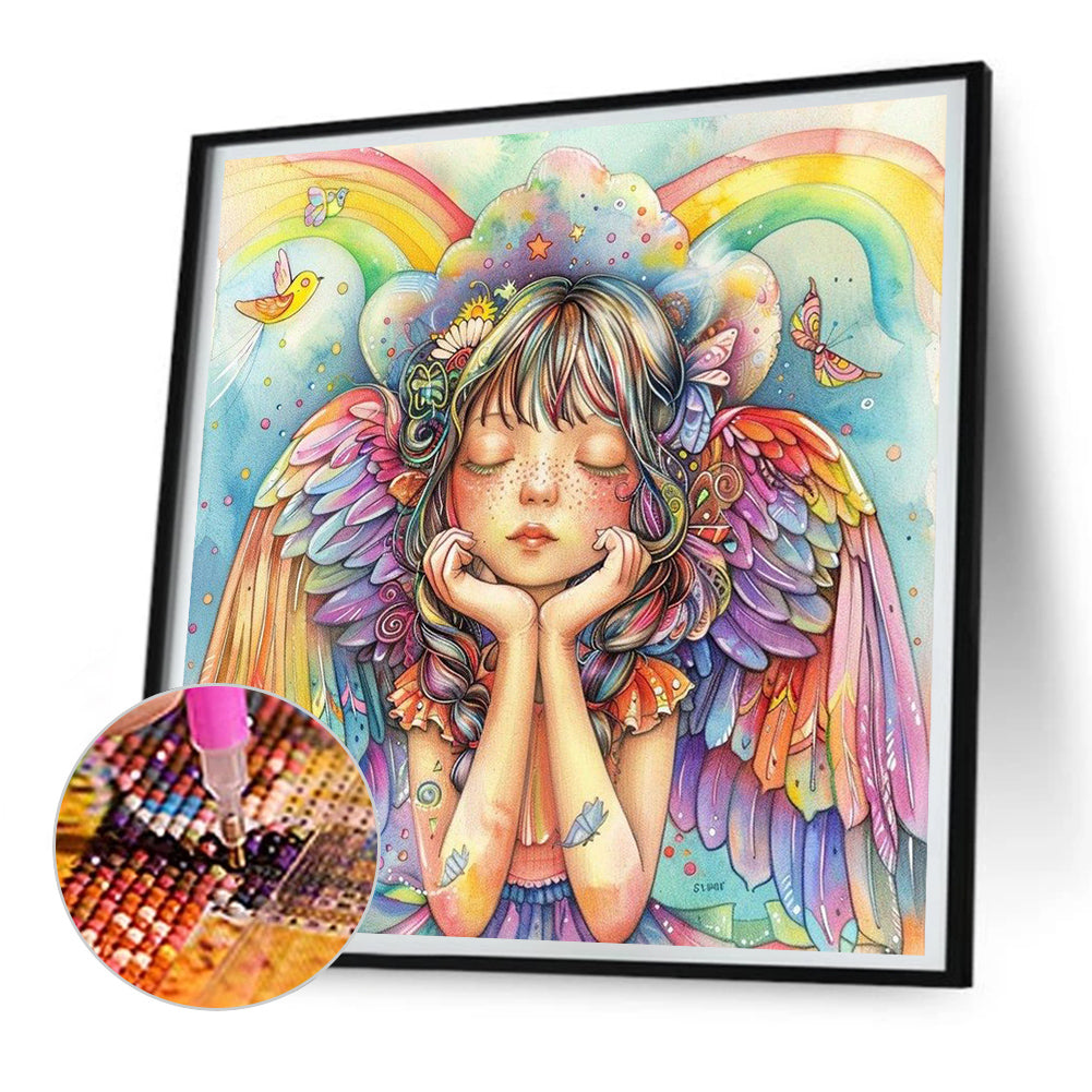 Diamond Painting - Full Round - Rainbow Angel Girl With Colorful Feathers (30*30CM)