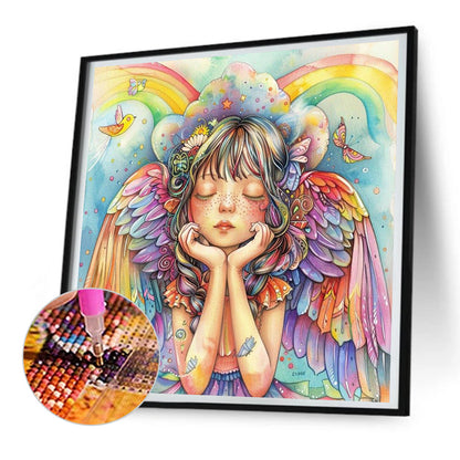 Diamond Painting - Full Round - Rainbow Angel Girl With Colorful Feathers (30*30CM)