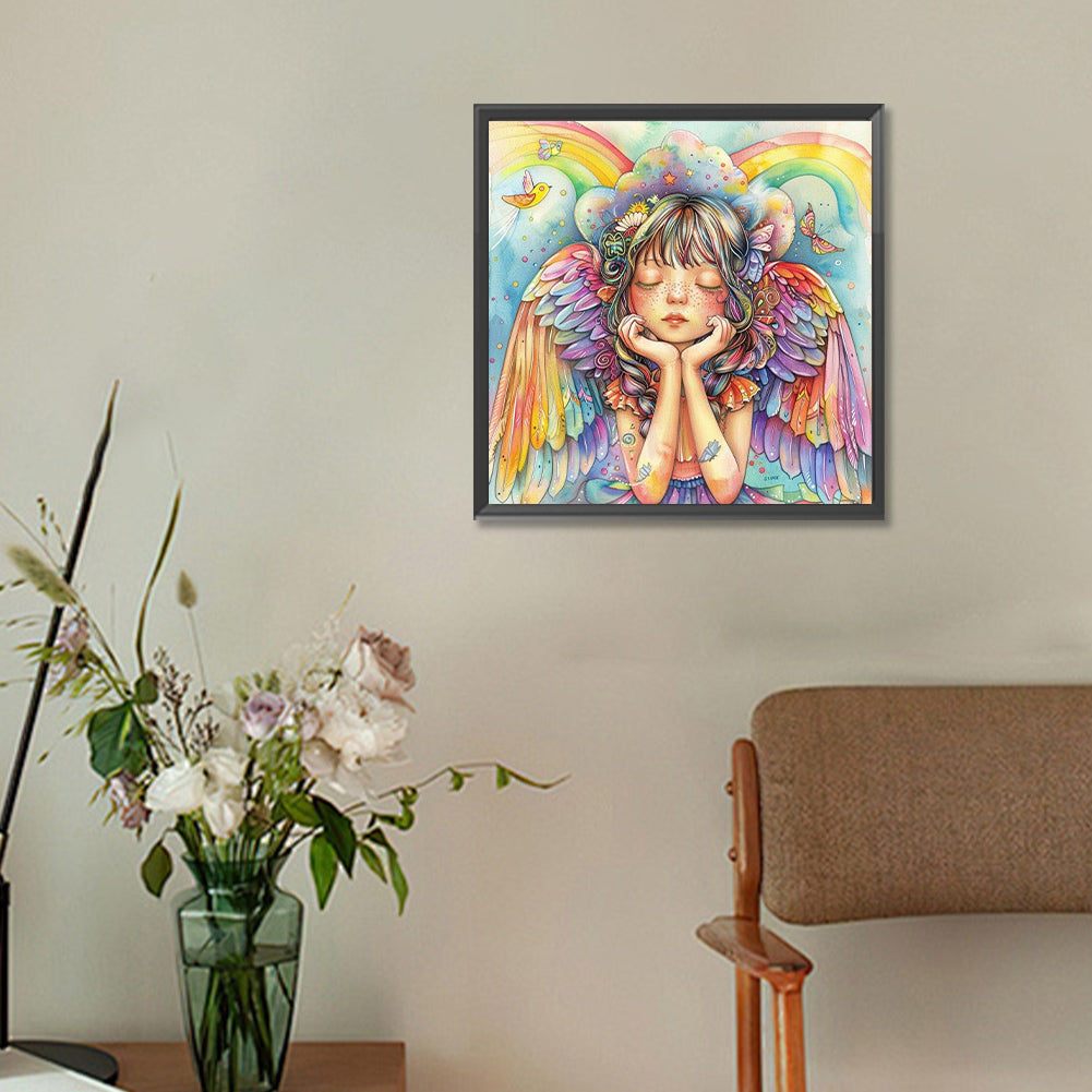 Diamond Painting - Full Round - Rainbow Angel Girl With Colorful Feathers (30*30CM)