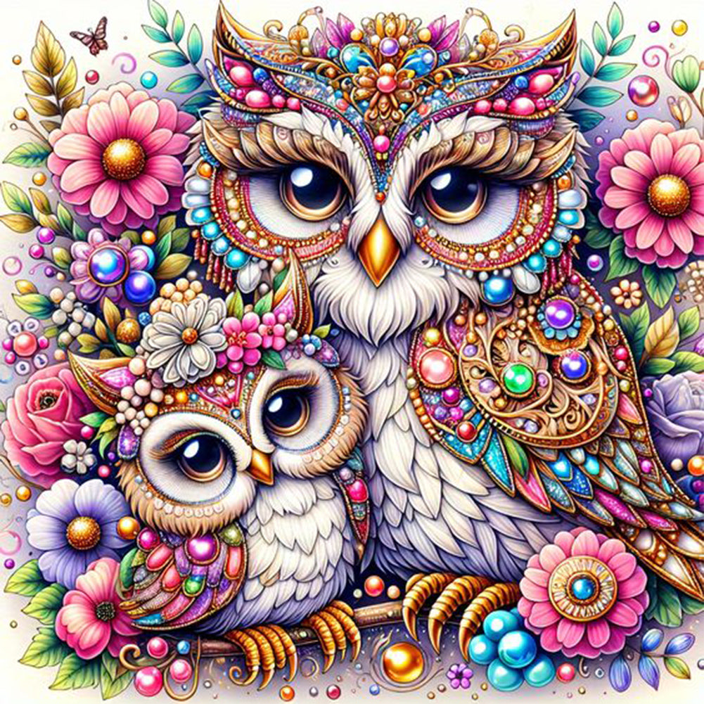 Diamond Painting - Full Round - Double Owl With Pearls (40*40CM)