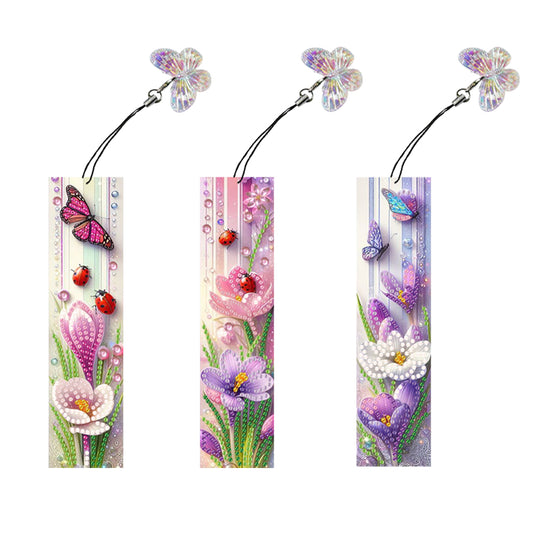 3Pcs Special Shape Flower Diamond Art Bookmark with Pendant for Adults Beginners