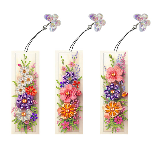3Pcs Special Shape Flower Diamond Art Bookmark with Pendant for Adults Beginners