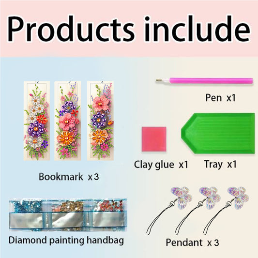 3Pcs Special Shape Flower Diamond Art Bookmark with Pendant for Adults Beginners