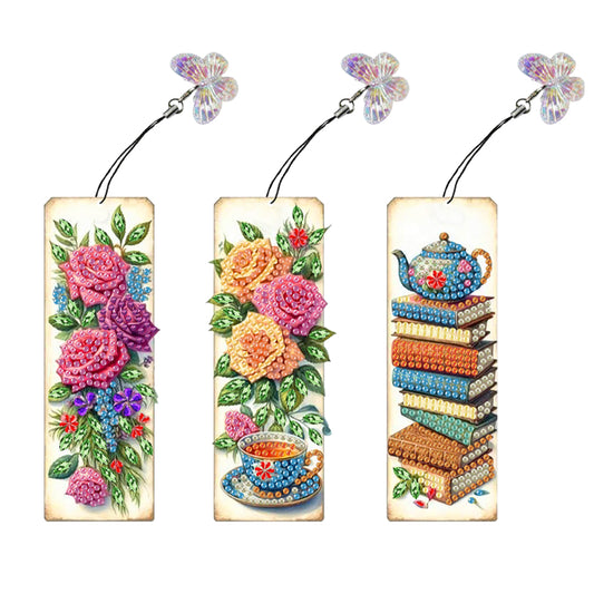 3Pcs Special Shape Flower Diamond Art Bookmark with Pendant for Adults Beginners