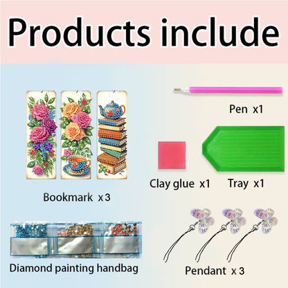 3Pcs Special Shape Flower Diamond Art Bookmark with Pendant for Adults Beginners