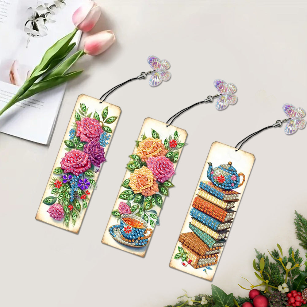 3Pcs Special Shape Flower Diamond Art Bookmark with Pendant for Adults Beginners