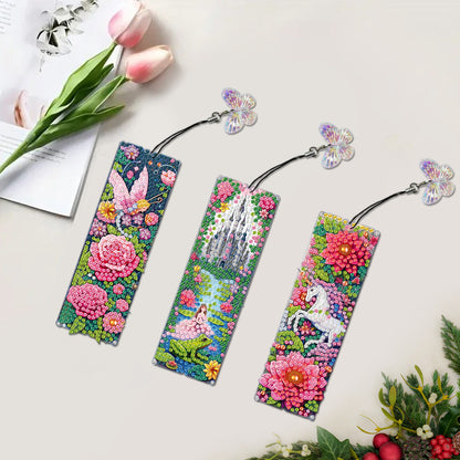 3Pcs Special Shape Flower Diamond Art Bookmark with Pendant for Adults Beginners