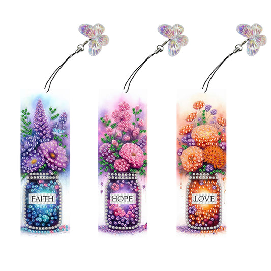 3Pcs Special Shape Flower Diamond Art Bookmark with Pendant for Adults Beginners