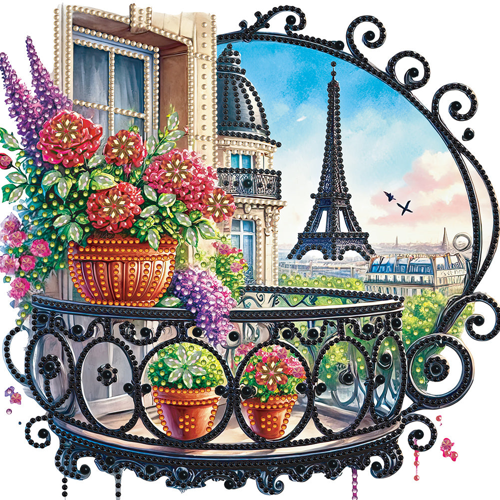 Diamond Painting - Partial Special Shaped - Garden Balcony with a Distance View of the Eiffel Tower (30*30CM)