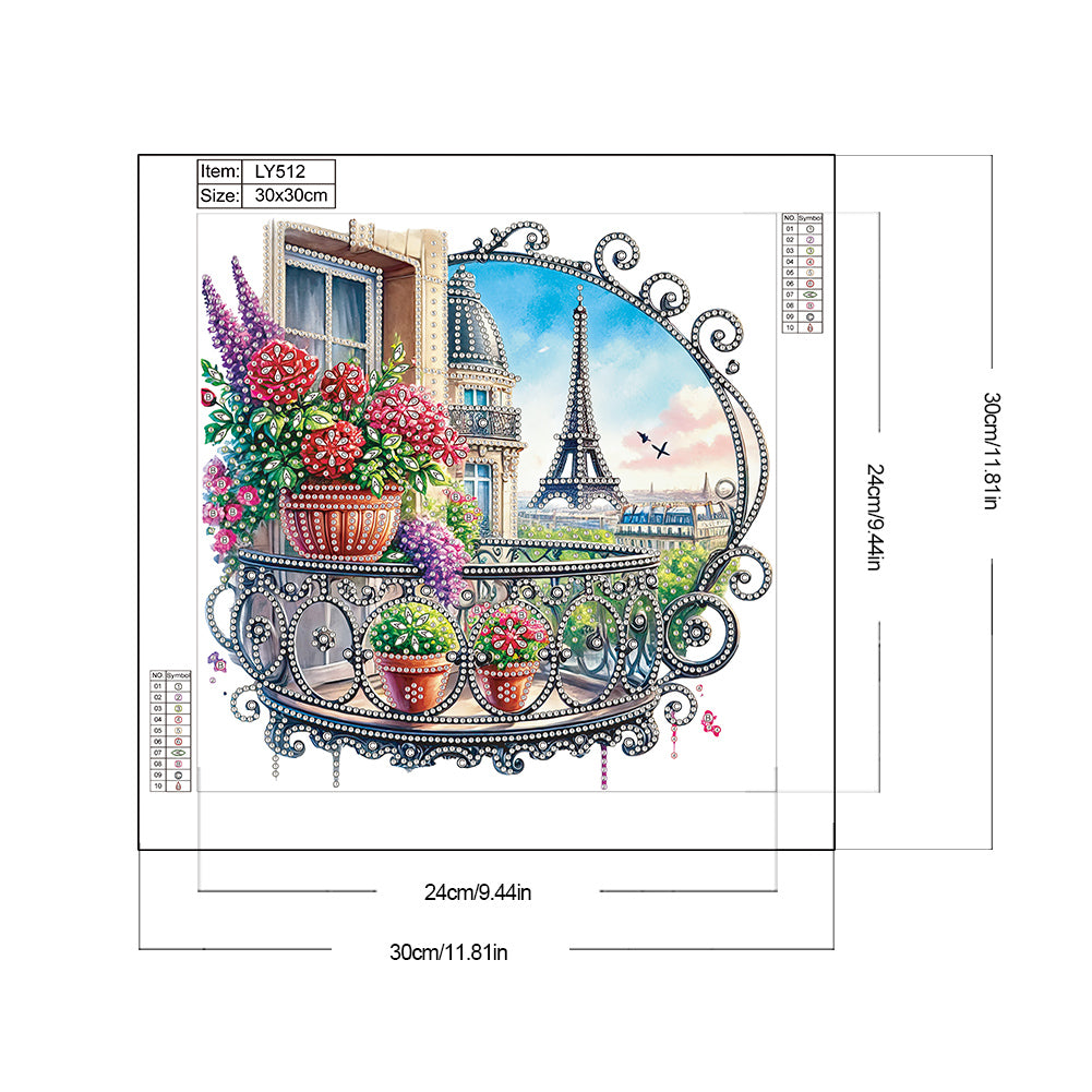 Diamond Painting - Partial Special Shaped - Garden Balcony with a Distance View of the Eiffel Tower (30*30CM)