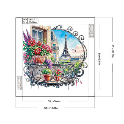 Diamond Painting - Partial Special Shaped - Garden Balcony with a Distance View of the Eiffel Tower (30*30CM)