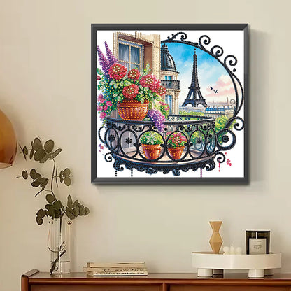 Diamond Painting - Partial Special Shaped - Garden Balcony with a Distance View of the Eiffel Tower (30*30CM)