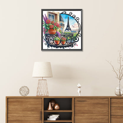 Diamond Painting - Partial Special Shaped - Garden Balcony with a Distance View of the Eiffel Tower (30*30CM)