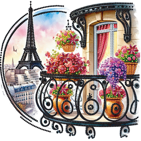 Diamond Painting - Partial Special Shaped - Garden Balcony with a Distance View of the Eiffel Tower (30*30CM)