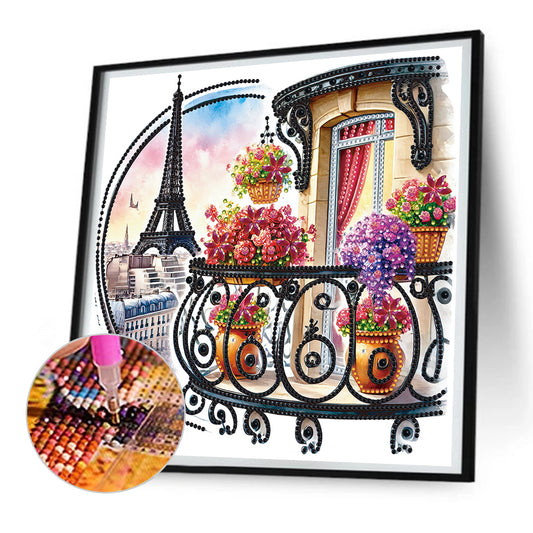 Diamond Painting - Partial Special Shaped - Garden Balcony with a Distance View of the Eiffel Tower (30*30CM)
