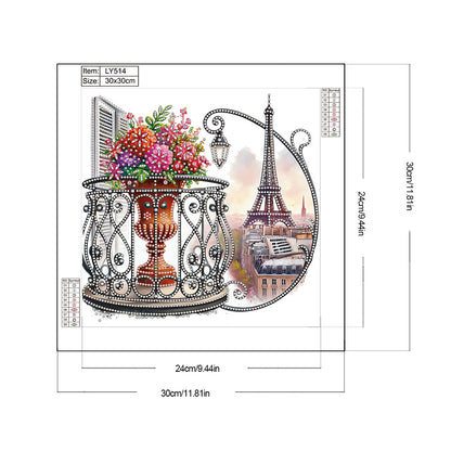 Diamond Painting - Partial Special Shaped - Garden Balcony with a Distance View of the Eiffel Tower (30*30CM)