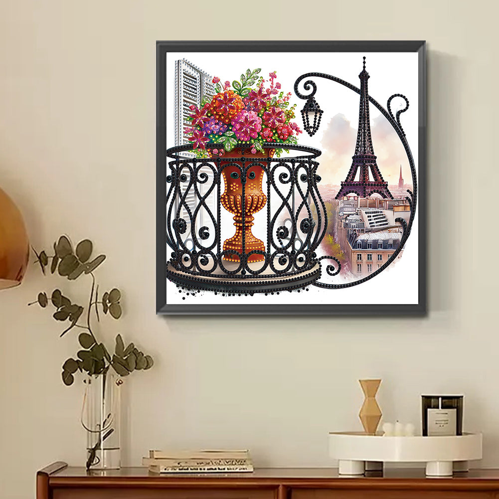 Diamond Painting - Partial Special Shaped - Garden Balcony with a Distance View of the Eiffel Tower (30*30CM)