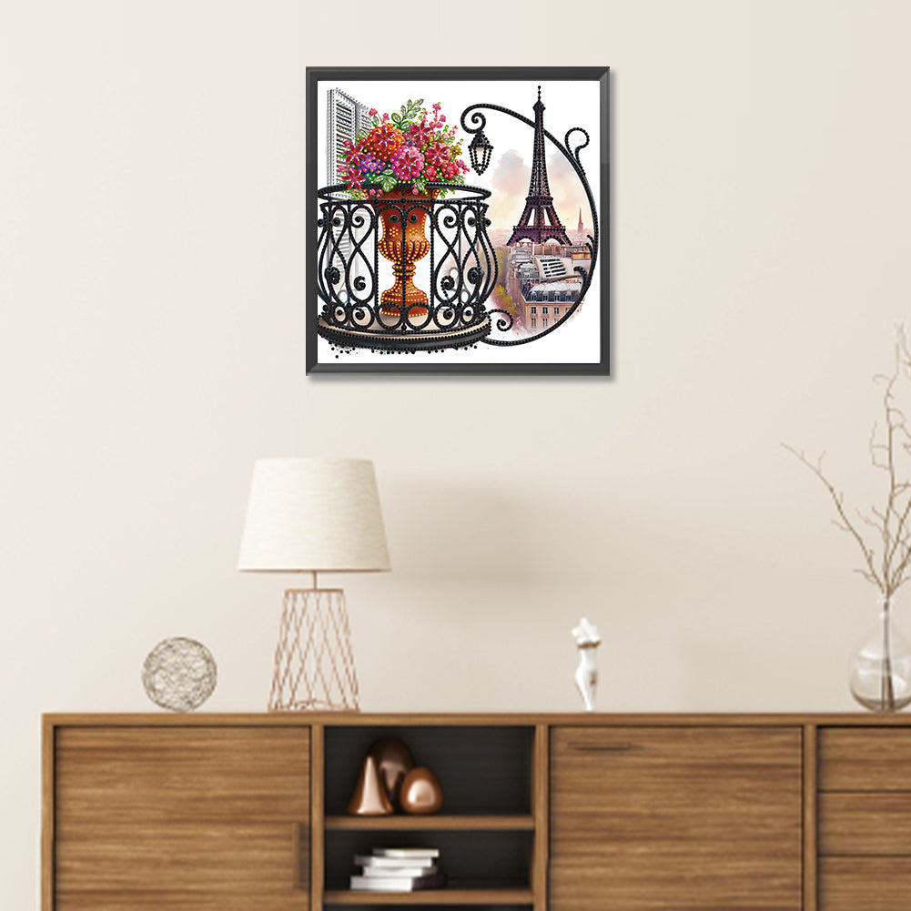 Diamond Painting - Partial Special Shaped - Garden Balcony with a Distance View of the Eiffel Tower (30*30CM)