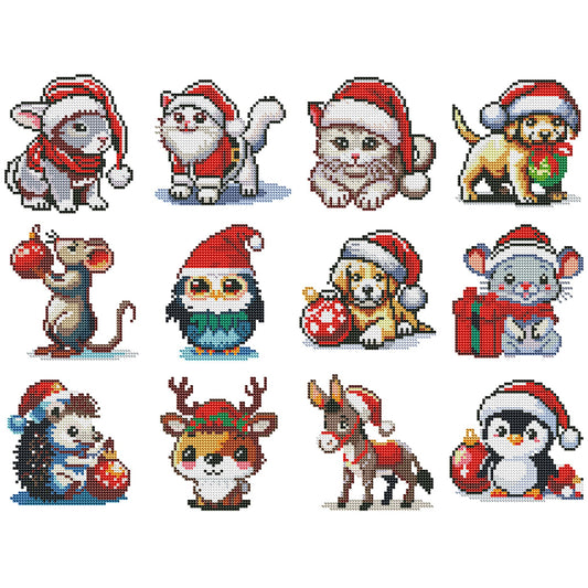 12pcs Mini Diamond Painting Set - Full Round - Animal in santa hat (15*15CM)