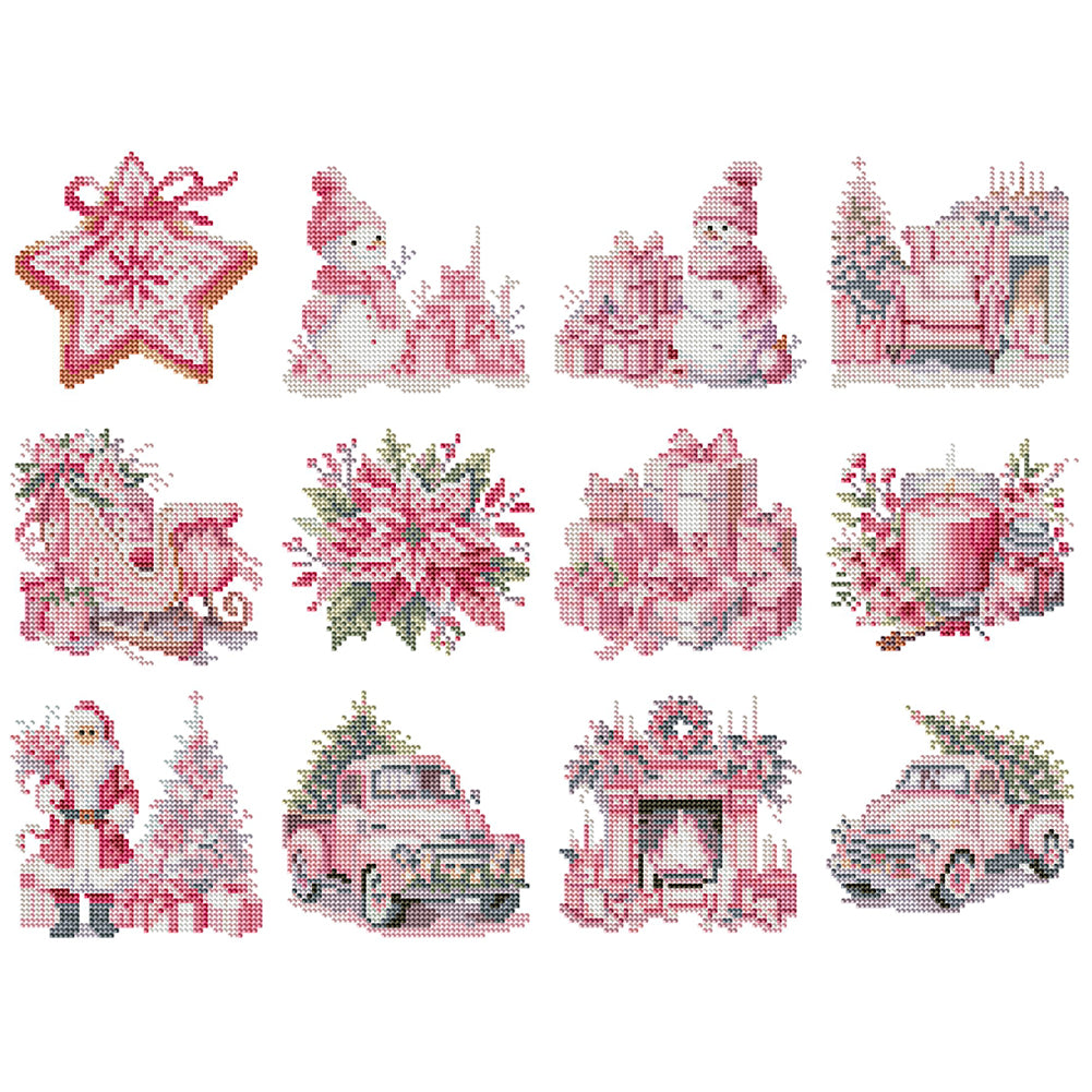 12pcs Mini Diamond Painting Set - Full Round - pink christmas car (15*15CM)