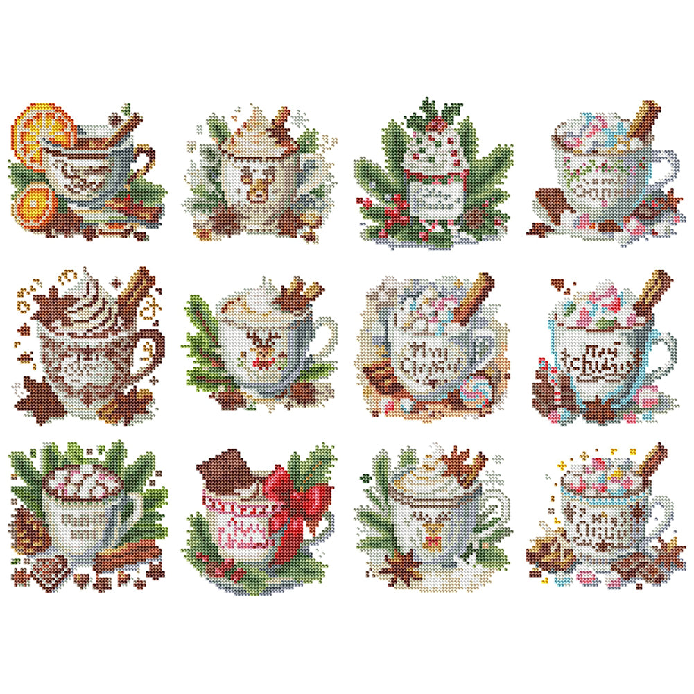 12pcs Mini Diamond Painting Set - Full Round - Christmas cocoa coffee (15*15CM)