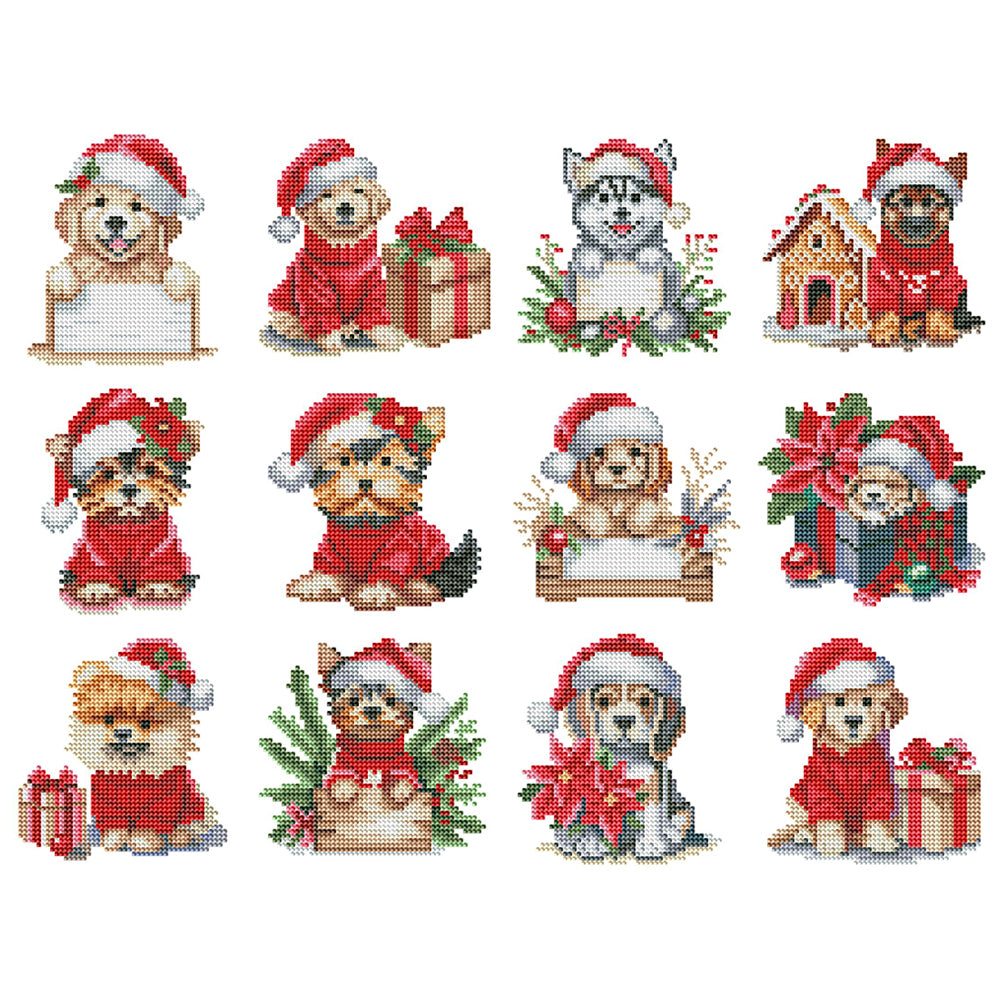12pcs Mini Diamond Painting Set - Full Round - Christmas puppy (15*15CM)