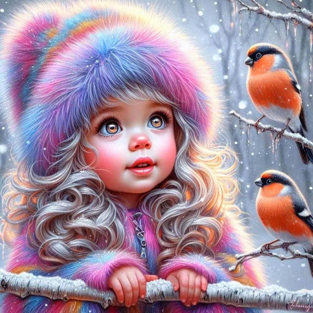 Diamond Painting - Full Round - Bird Girl In Winter (30*30CM)