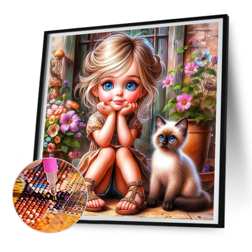 Diamond Painting - Full Round - Girl In Front Of The Door And Kitten (30*30CM)