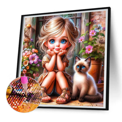 Diamond Painting - Full Round - Girl In Front Of The Door And Kitten (30*30CM)