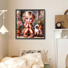 Load image into Gallery viewer, Diamond Painting - Full Round - Girl In Front Of The Door And Kitten (30*30CM)
