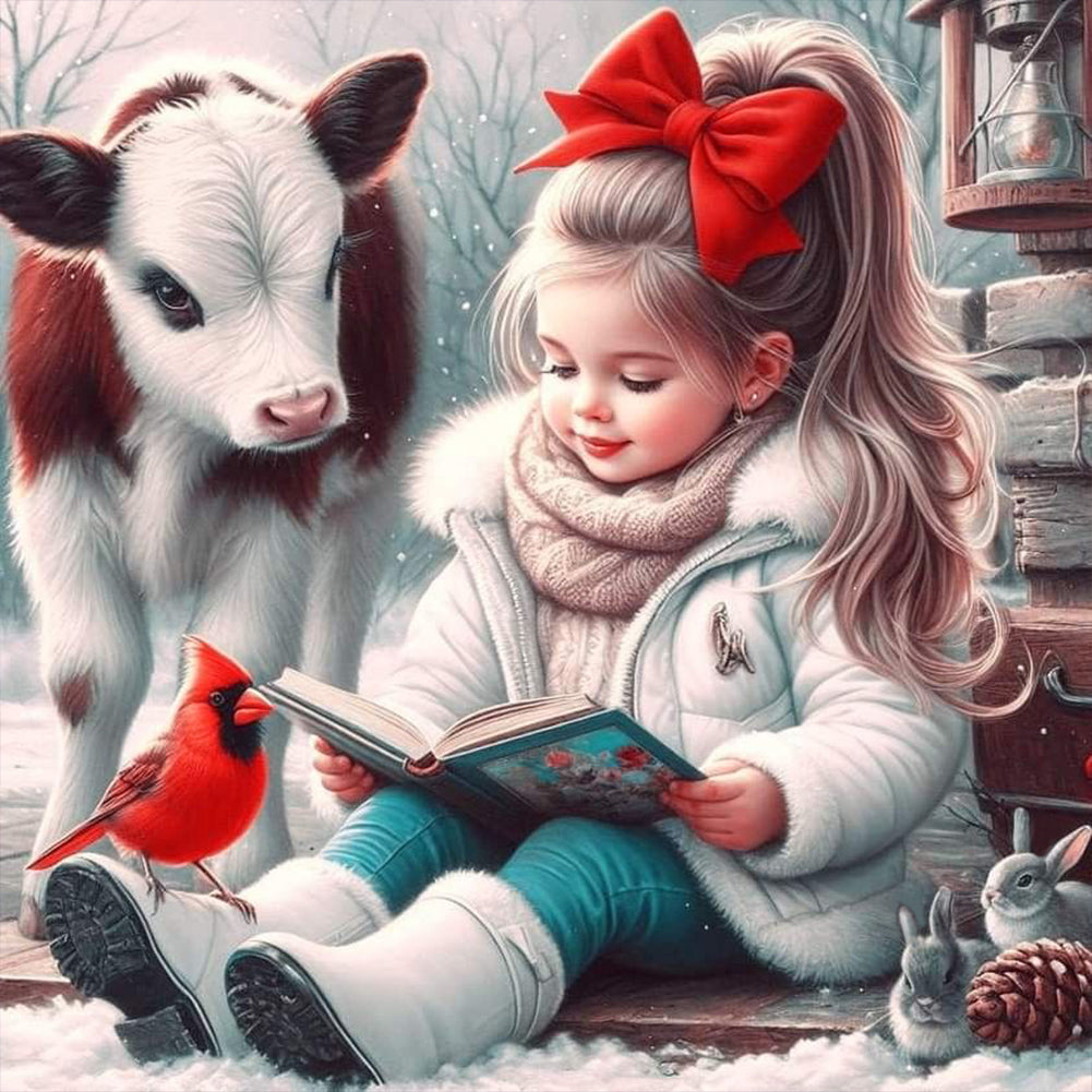 Diamond Painting - Full Round - Cow Cardinal Girl Reading A Book (30*30CM)