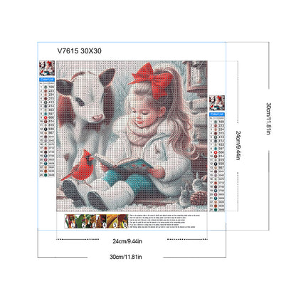 Diamond Painting - Full Round - Cow Cardinal Girl Reading A Book (30*30CM)