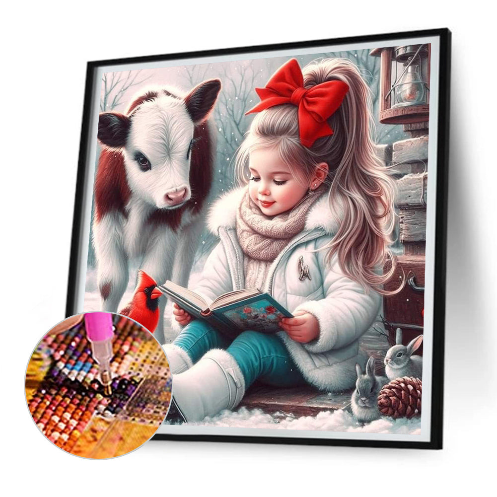Diamond Painting - Full Round - Cow Cardinal Girl Reading A Book (30*30CM)