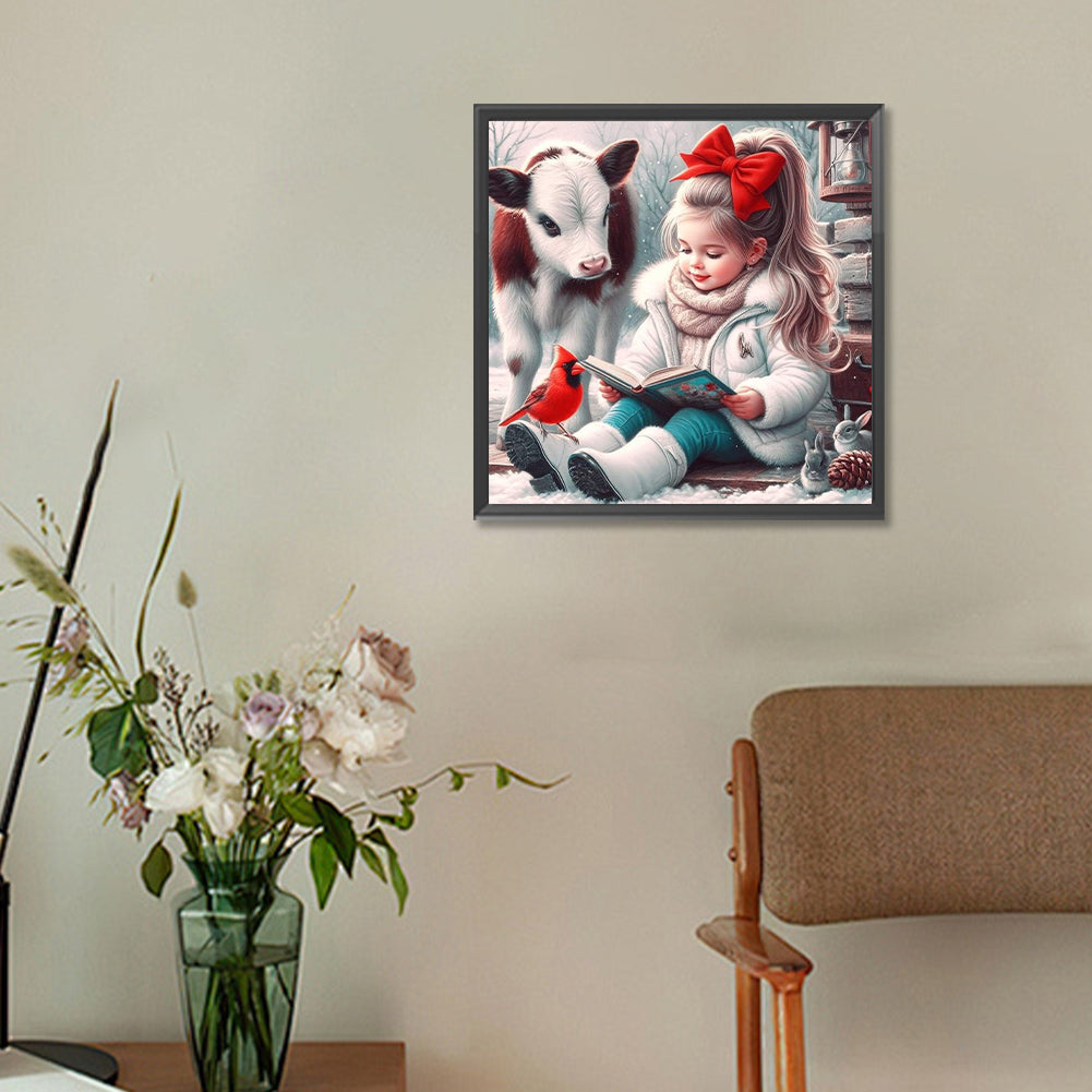 Diamond Painting - Full Round - Cow Cardinal Girl Reading A Book (30*30CM)