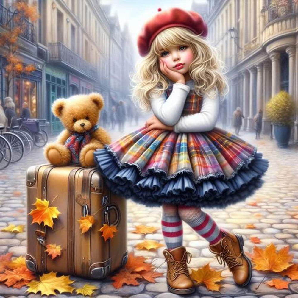 Diamond Painting - Full Round - Teddy Bear Suitcase Girl (30*30CM)