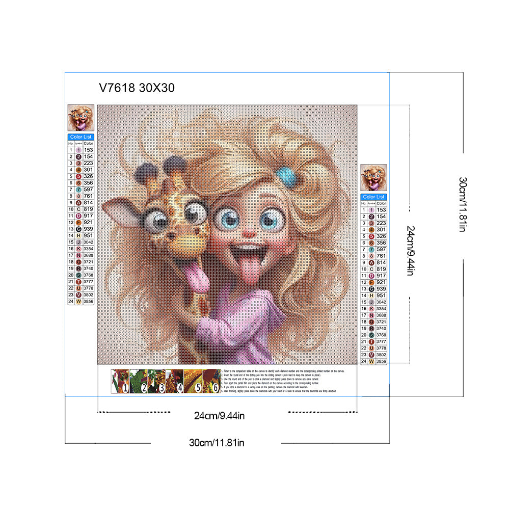 Diamond Painting - Full Round - Funny Giraffe And Girl (30*30CM)